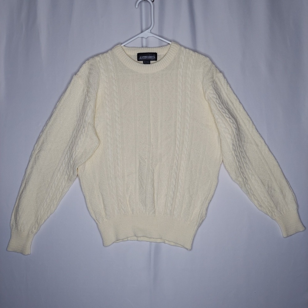 Expressions Vtg Cable Knit Sweater Womens Large Long Sleeve‎ Cream Banded Waist